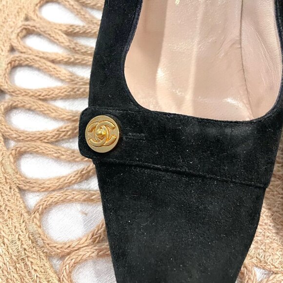 Chanel Black Suede CC Block Heel Pumps Size 7 A - Picture 9 of 16